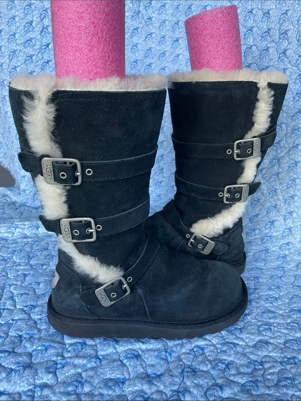 UGG Black Suede Shearling-Trim Buckle Mid-Calf Boots